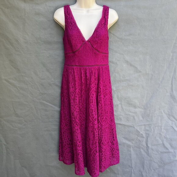 Dress Barn DB Studio Fushia Pink Lace Overlay V-Neck Dress Jewel Tone Size 2 - Picture 1 of 5